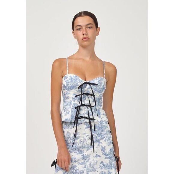 NWT Naya Rea Lily Corset Top Size UK 8 Blue Toile Du Jour Print 100% Cotton - Picture 1 of 14